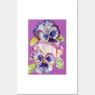 Pansy Watercolor Purple Flower Pattern on dark Magenta Pink Posters and Art